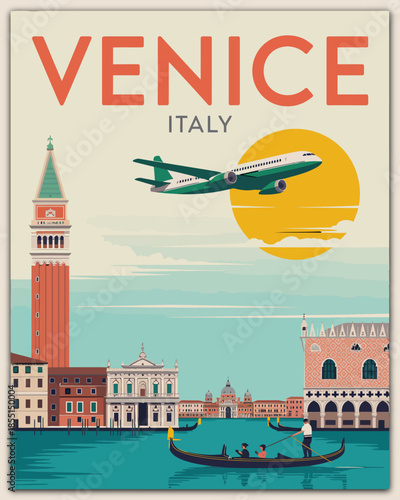 Venice travel poster featuring iconic canals gondola skyline vintage Italian tourism illustration art destination cityscape heritage culture design