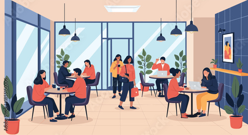 Busy modern cafe interior filled with people working on laptops and chatting while enjoying coffee at various tables.