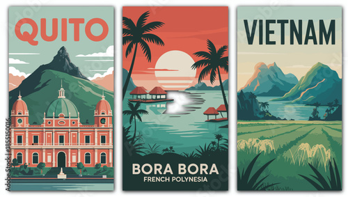 Vintage travel posters showcasing Quito Bora Bora Vietnam scenic landscapes retro tourism destination illustration collection