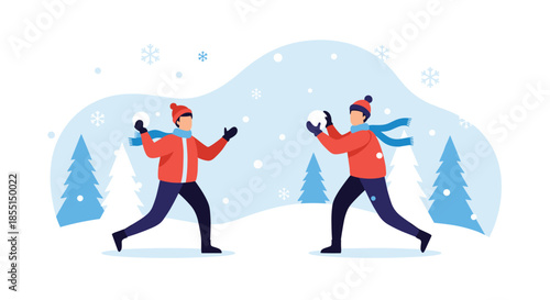 Two young boys wearing winter clothes having a fun snowball fight in a snowy park with pine trees and snowflakes.