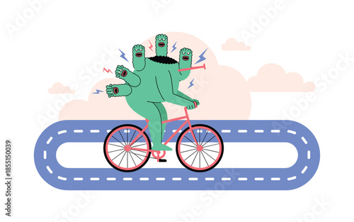 Multitasking monster rides bicycle on winding road with clouds