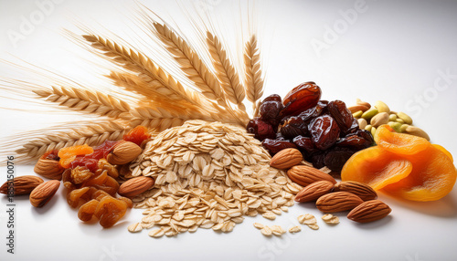 Nutritious Dried Fruits And Nuts Accompanied By Oat And Wheat Spikes Against A White Backdrop