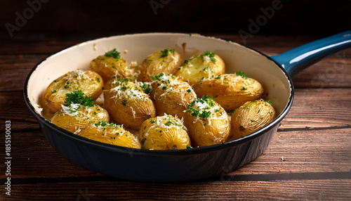 In Depth Look At Parmesan Accented Lemon Potatoes With Garlic Topped With Fresh Parsley Presented In A Baking Dish On A Rustic Wooden Table