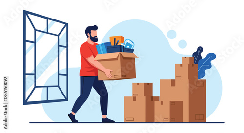 Bearded man carrying a heavy cardboard box filled with office supplies while moving to a new workplace or apartment.