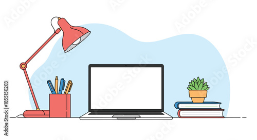 Organized workspace featuring a laptop, red desk lamp, pens, and a small potted succulent on a clean wooden table.