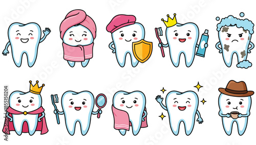 Cartoon Teeth Characters Collection, Dental Health Illustration, cartoon teeth, dental health illustration, cute tooth characters, educational artwork, smiling tooth, grumpy tooth, toothbrush vector, 