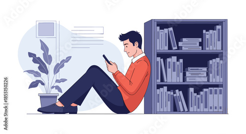 Young man sitting on the floor leaning against a bookshelf while using his smartphone in a quiet library or study.