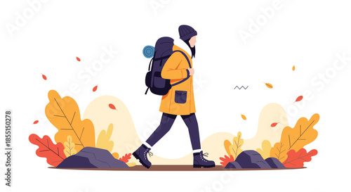 Female hiker with a large backpack walking through a scenic forest with colorful autumn leaves and rocky terrain.