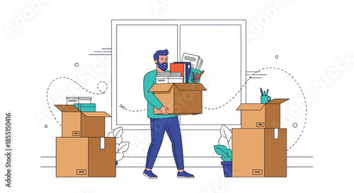 Professional man carrying a cardboard box full of documents while moving between offices in a bright workspace.