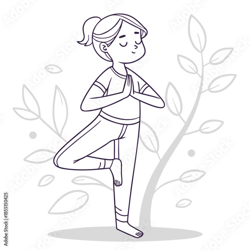 Cartoon Girl Practicing Yoga Tree Pose