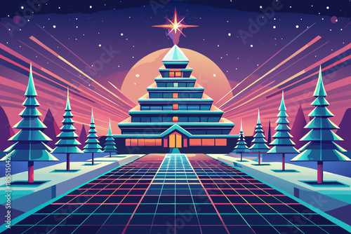 A futuristic holiday landscape with a majestic tiered temple under a starry night sky