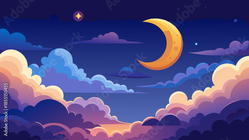 A serene cartoon depiction of a vibrant night sky with a golden crescent moon and colorful clouds