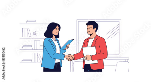 Professional man and woman shaking hands to seal a business deal or job interview in a modern office setting.