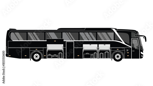 A sleek black tour bus silhouette showcasing its long and modern design
