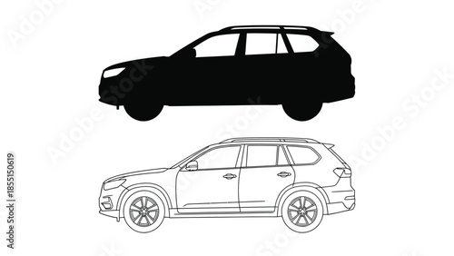 Side view of a modern suv both in silhouette and line drawing styles