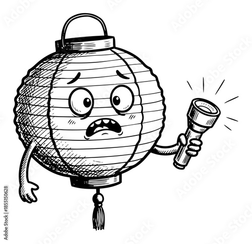 Scared Paper Lantern Holding Flashlight - Vector Funny Cartoon Character