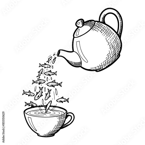 Teapot Pouring Small Fish into Cup - Vector Surreal Dream Sketch