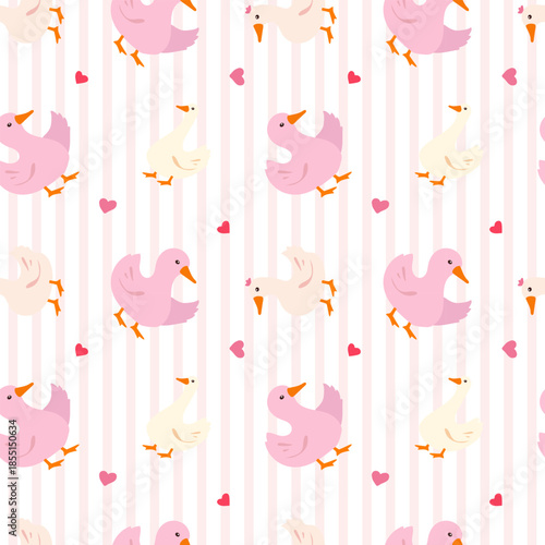 Valentine's Day seamless pattern with cute geese and ducks, pink and white striped background, small hearts, for wrapping paper, textile, wallpaper and children's designs.