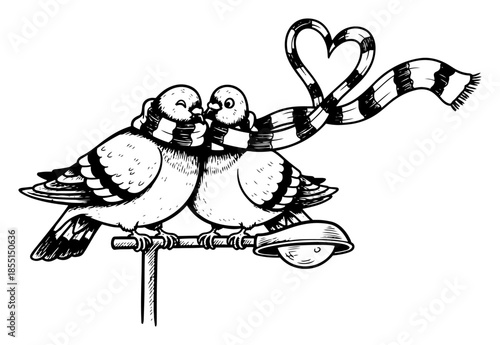 Two Pigeons Sharing One Scarf - Vector Cute Valentine Sketch
