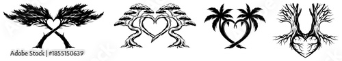 Trees Forming Heart Shapes Set - Vector Nature Love Tattoo Silhouettes