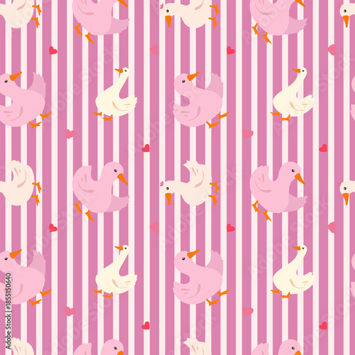 Valentine's Day seamless pattern with cute geese and ducks, pink and white striped background, small hearts, for wrapping paper, textile, wallpaper and children's designs.