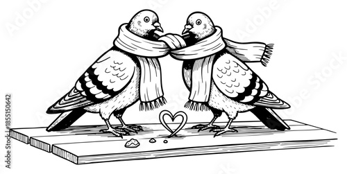 Two Pigeons in Scarves on Wooden Board - Vector Romantic Winter Birds