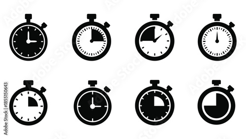 Collection of black stopwatch icons displaying varying elapsed time intervals