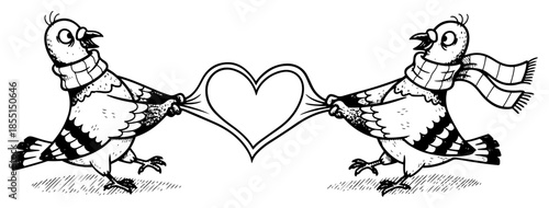 Two Pigeons Pulling Heart - Vector Funny Valentine Birds