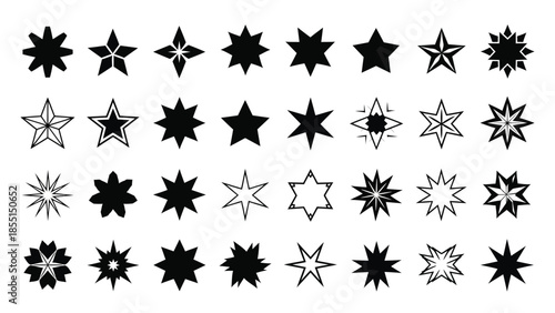 Collection of diverse black and white star shapes in varying designs