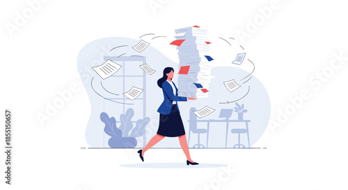Stressed businesswoman running through the office while carrying a tall, unstable stack of papers with sheets flying.