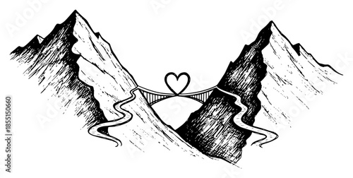 Mountain Bridge with Heart Shape - Vector Romantic Adventure Sketch