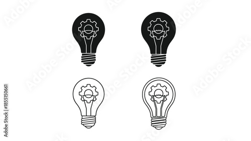 Four light bulb icons with gears inside showcasing innovation and ideas
