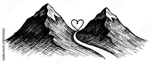 Mountain Peaks with Heart Shape Path - Vector Romantic Landscape Sketch