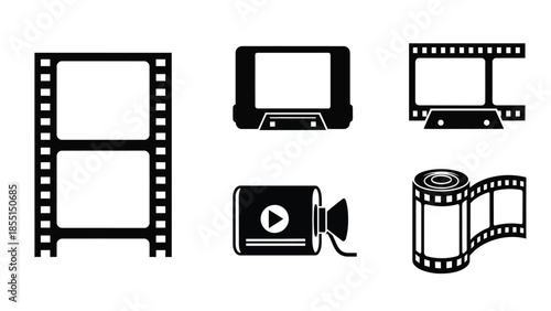 Black and white icons depicting film reels strips and vintage cameras