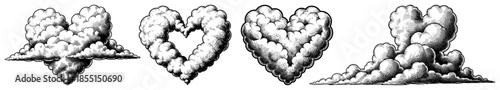 Cloud Set with Heart Shapes - Vector Romantic Sky Sketch