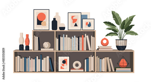 Stylish bookshelf filled with many books, framed abstract art, decorative vases, and a green indoor plant in a pot.