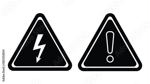Black and white warning signs depicting electricity and general caution