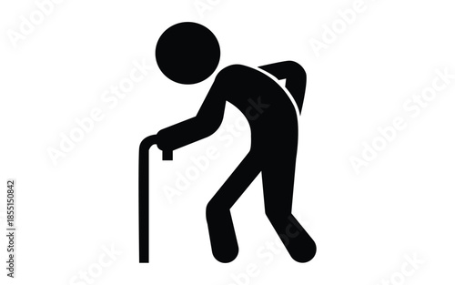Elderly man black silhouette icon walking with cane isolated on white background
