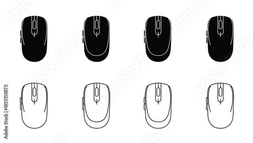 A collection of computer mice in black and white arranged in a grid pattern