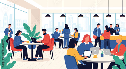 Diverse group of professional people working in a spacious open-plan office with city views and many tables and plants.