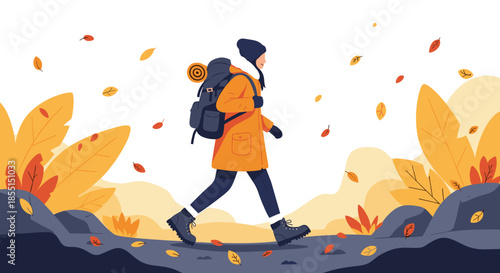 Person with backpack hiking through an autumn landscape with falling orange leaves and mountains during a scenic trek.