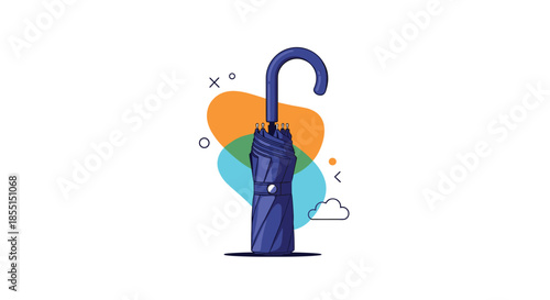 Closed blue umbrella standing upright against a white background with abstract geometric shapes and a small fluffy cloud.