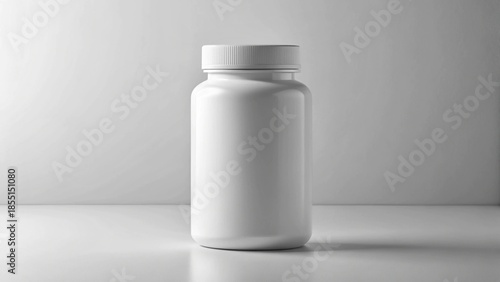 White mockup vitamin bottle realistic proportions, blank surface, clean studio environment.