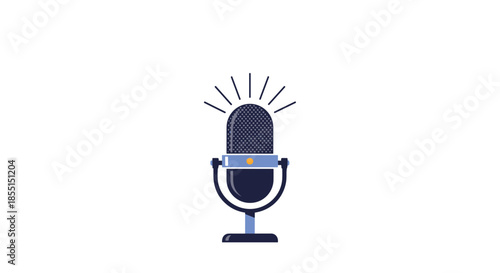 Professional vintage style condenser microphone on a stand emitting sound waves against a clean white background.