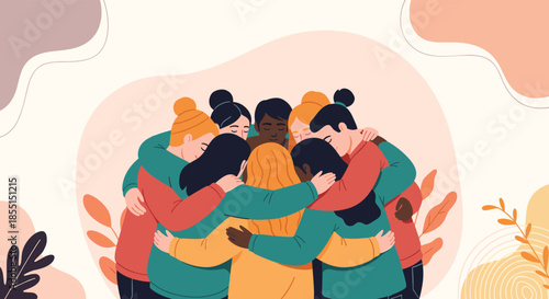 Diverse group of people standing in a circle and sharing a big group hug to show community support and friendship.