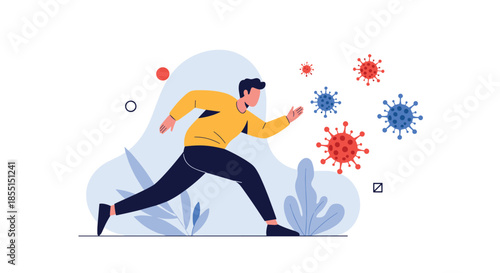 Young man running away from colorful flying coronavirus particles to avoid infection and stay healthy during a pandemic.