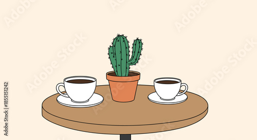 Minimalist scene with two cups of black coffee and a small potted cactus sitting on a round wooden coffee table.