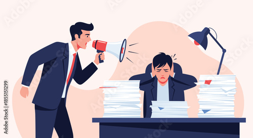 Angry boss in a suit shouting through a megaphone at a stressed office worker covered in piles of messy paperwork.