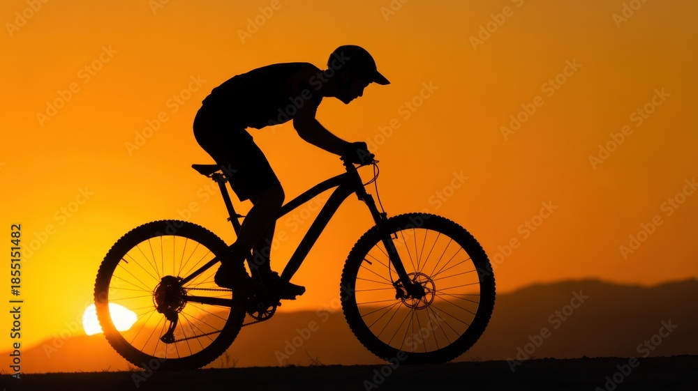 Obraz premium Silhouette of a Cyclist: A dynamic silhouette of a cyclist, set against a fiery sunset, epitomizes freedom and adventure on two wheels, evoking a sense of motion and the thrill of the open road.