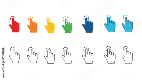 Colorful hand cursor icons with outline variations displayed in a row